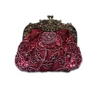 CORIOS Vintage 1920s Beaded Evening Bag Pearl Clutch Bag for Women Bridal Wedding Purse Sequin Rhinestone Handbag Exquisite Handmade Embroidery Floral Shoulder Bag Glitter Crossbody Bag Wine Red