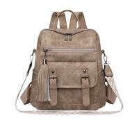 CORIOS Women Backpack Purse Vintage PU Leather Shoulder Bag with Tassel Multi-Pocket Convertible Tote Handbag for Ladies Casual Daypack Rucksack for Daily Use Travel Work Khaki