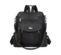 CORIOS Women Daypacks with Vintage Tassel Decor PU Leather Backpack Multi-Purpose Convertible Purse Multi-Pocket Tote Handbag Shoulder Bag School Bag Rucksack for Travel Work and Daily Use Black
