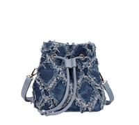 CORIOS Women Denim Bucket Bag Jean Purse Vintage Fringe Quilted Tote Handbag Drawstring Shoulder Crossbody Bag Small Satchel Messenger Bag Shopping Travel Work Daily Top Handle Bag Blue