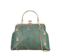 CORIOS Women Evening Bag Peacock Pattern Clutch Bag Bridal Wedding Purse Retro Kiss-Lock Handbag with Detachable Chain Polyester Shoulder Crossbody Bag for Cocktail Banquet Prom Party Green A