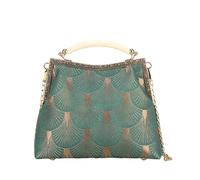 CORIOS Women Evening Bag Peacock Pattern Clutch Bag Bridal Wedding Purse Retro Kiss-Lock Handbag with Detachable Chain Polyester Shoulder Crossbody Bag for Cocktail Banquet Prom Party Green C