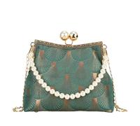 CORIOS Women Evening Bag Peacock Pattern Clutch Bag Bridal Wedding Purse Retro Kiss-Lock Handbag with Detachable Chain Polyester Shoulder Crossbody Bag for Cocktail Banquet Prom Party Green D