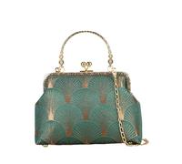 CORIOS Women Evening Bag Peacock Pattern Clutch Bag Bridal Wedding Purse Retro Kiss-Lock Handbag with Detachable Chain Polyester Shoulder Crossbody Bag for Cocktail Banquet Prom Party Green