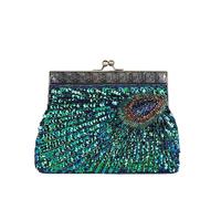CORIOS Women Evening Bag Peacock Pattern Clutch Bag Sequin Beaded Bridal Wedding Purse Retro Kiss-Lock Handbag with Detachable Chain Shoulder Crossbody Bag for Banquet Cocktail Prom Party Blue Green