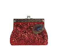 CORIOS Women Evening Bag Peacock Pattern Clutch Bag Sequin Beaded Bridal Wedding Purse Retro Kiss-Lock Handbag with Detachable Chain Shoulder Crossbody Bag for Banquet Cocktail Prom Party Red