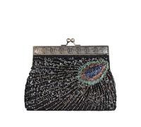 CORIOS Women Evening Bag Peacock Pattern Clutch Bag Sequin Beaded Bridal Wedding Purse Retro Kiss-Lock Handbag with Detachable Chain Shoulder Crossbody Bag for Banquet Cocktail Prom Party Black