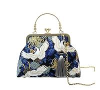 CORIOS Women Evening Bag Tassel Ethnic Style Style Embroidery Clutch Bag Vintage Kiss Lock Handbag Bridal Wedding Purse Cotton Fabric Shoulder Crossbody Bag for Banquet Prom Party Crane Blue