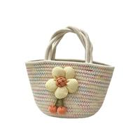 CORIOS Women Handbag Mini Cotton Bucket Bag Bohemian Woven Handheld Tote Purse Summer Beach Bag with 3D Flower Decor Casual Portable Top Handle Clutch Bag for Daily Travel Vacation Coloured Yarn
