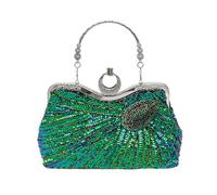 CORIOS Women Peacock Evening Bag Vintage Beaded Clutch Bag Bridal Wedding Purse Sparkly Sequin Handbag Shoulder Bag with Detachable Chain Elegant Crossbody Bag for Banquet Cocktail Prom Party Silver