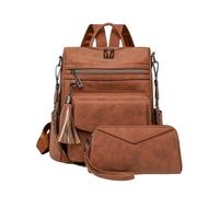 CORIOS Women PU Leather Backpack 2Pcs Vintage Tassel Decor Daypacks Rucksack with Leopard Print Detail Multi-Purpose Convertible Purse Tote Handbag Shoulder Bag School Bag with Wristlet Wallet Brown