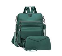 CORIOS Women PU Leather Backpack 2Pcs Vintage Tassel Decor Daypacks Rucksack with Leopard Print Detail Multi-Purpose Convertible Purse Tote Handbag Shoulder Bag School Bag with Wristlet Wallet Green
