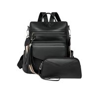 CORIOS Women PU Leather Backpack 2Pcs Vintage Tassel Decor Daypacks Rucksack with Leopard Print Detail Multi-Purpose Convertible Purse Tote Handbag Shoulder Bag School Bag with Wristlet Wallet Black