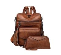 CORIOS Women PU Leather Backpack 2Pcs Vintage Tassel Decor Daypacks Rucksack with Leopard Print Detail Multi-Purpose Convertible Purse Tote Handbag Shoulder Bag with Wristlet Wallet Two-Tone Brown