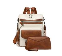 CORIOS Women PU Leather Backpack 2Pcs Vintage Tassel Decor Daypacks Rucksack with Leopard Print Detail Multi-Purpose Convertible Purse Tote Handbag Shoulder Bag with Wristlet Wallet White Brown