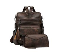CORIOS Women PU Leather Backpack 2Pcs Vintage Tassel Decor Daypacks Rucksack with Leopard Print Detail Multi-Purpose Convertible Purse Tote Handbag Shoulder Bag with Wristlet Wallet Two-Tone Coffee