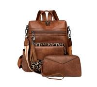 CORIOS Women PU Leather Backpack 2Pcs Vintage Tassel Decor Daypacks Rucksack with Leopard Print Multi-Purpose Convertible Purse Tote Handbag Shoulder Bag with Wristlet Wallet Brown with Leopard Print