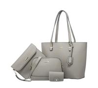 CORIOS Women PU Leather Tote Handbag 4Pcs Set Large Capacity Top Handle Satchel Purse Simple Solid Shoulder Crossbody Bag Elegant Daily Work Travel Shopping Messenger Hobo Bag Silver Grey