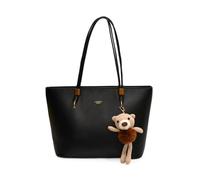 CORIOS Women PU Leather Tote Handbag Shoulder Bag with Cute Bear Charm Large Capacity Briefcase with Zipper Fashion Top-Handle Purse for Daily Business Work Office Travel Black