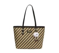 CORIOS Women PU Leather Tote Handbag Striped Shoulder Bag with Cute White Pom Charm Large Capacity Briefcase Elegant Top-Handle Purse for Daily Business Work Travel Office Black