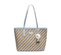 CORIOS Women PU Leather Tote Handbag Striped Shoulder Bag with Cute White Pom Charm Large Capacity Briefcase Elegant Top-Handle Purse for Daily Business Work Travel Office Blue