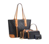CORIOS Women PU Leather Tote Handbag Vintage Print Shoulder Crossbody Bag Large Capacity Top Handle Satchel Purse Elegant Messenger Hobo Bag 4Pcs Set for Daily Work Travel Shopping Black