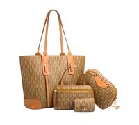 CORIOS Women PU Leather Tote Handbag Vintage Print Shoulder Crossbody Bag Large Capacity Top Handle Satchel Purse Elegant Messenger Hobo Bag 4Pcs Set for Daily Work Travel Shopping Khaki