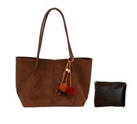 CORIOS Women PU Suede Shoulder Bag Elegant Handbag with Exquisite Pom-Pom Charm Large Capacity Top Handle Bag Vintage Tote with Coin Purse 2pcs Set for Work Shopping Travel Brown