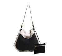 CORIOS Women Suede Tote Bag Shoulder Bag with Lamb Wool Vintage Crossbody Bag Soft Plush Top Handle Bag Large Capacity Handbag Lightweight Messenger Bag Satchel Bag with Coin Purse 2pcs Set Black