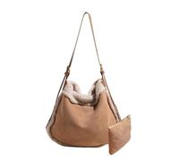 CORIOS Women Suede Tote Bag Shoulder Bag with Lamb Wool Vintage Crossbody Bag Soft Plush Top Handle Bag Large Capacity Handbag Lightweight Messenger Bag Satchel Bag with Coin Purse 2pcs Set Khaki