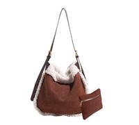 CORIOS Women Suede Tote Bag Shoulder Bag with Lamb Wool Vintage Crossbody Bag Soft Plush Top Handle Bag Large Capacity Handbag Lightweight Messenger Bag Satchel Bag with Coin Purse 2pcs Set Coffee