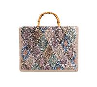 CORIOS Women Tote Handbag Bohemian PP Straw Linen Shoulder Bag Hobo Bag with Sequin Embroidery Summer Beach Bag Bamboo Handle Top Handle Bag for Vacation Travel Diamond Pattern in Blue and Yellow