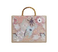 CORIOS Women Tote Handbag Bohemian Style PP Straw Linen Shoulder Bag Hobo Bag with Sequin Embroidery Summer Beach Bag Bamboo Handle Top Handle Bag for Vacation Travel Lotus-Coloured Flowers