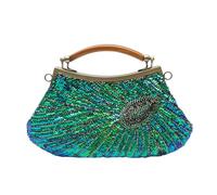 CORIOS Women's Green Peacock Sequined Clutch Bag, 27 x 3.5 x 14cm, All Seasons, Adult, Retro, Peacock Animal Print, Chain Strap, Kiss Lock Closure