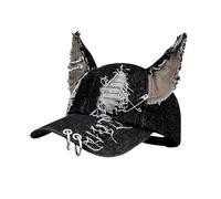 CORIRESHA Cute Bunny Hat with Ears Y2k Grunge Metal Iron Ring Chain Distressed Denim Baseball Cap