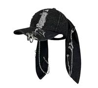 CORIRESHA Cute Bunny Hat with Ears Y2k Grunge Metal Iron Ring Chain Distressed Denim Baseball Cap, Black, One Size