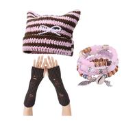CORIRESHA Fairycore Grunge Clothing Y2k Accessories Cat Ear Beanie Fingerless Gloves Stacked Bracelets Emo Stuff, Pink Set, One Size