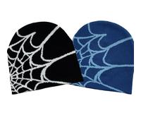 CORIRESHA Women Men y2k Beanie Spider Web Knit Hats Warm Soft Goth Winter Caps, 2_black White/Blue Light Blue, One size