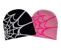 CORIRESHA Women Men y2k Beanie Spider Web Knit Hats Warm Soft Goth Winter Caps, 2_black White/Pink Dark Pink, One size