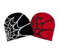 CORIRESHA Women Men y2k Beanie Spider Web Knit Hats Warm Soft Goth Winter Caps, 2_black White/Red Black, One Size
