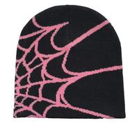 CORIRESHA Women Men y2k Beanie Spider Web Knit Hats Warm Soft Goth Winter Caps, Black Pink, One Size