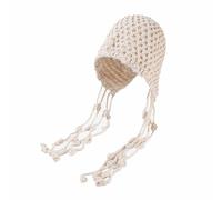 CORIRESHA Women's Colorful Handmade Crochet Beanie Tassel Ear Flaps Knit Hat with Pom Pom, E_beige, One Size
