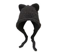 CORIRESHA Women's Cute Cat Ears Crochet Beanie Ear Flap Winter Warm Knit Hat, Black Blue, One Size