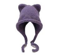 CORIRESHA Women's Cute Cat Ears Crochet Beanie Ear Flap Winter Warm Knit Hat, Purple, One Size