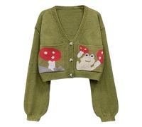 CORIRESHA Women's Cute Mushroom Cardigan Sweater Button Long Sleeve V Neck Knit Crop Outwear, Army Green, Small