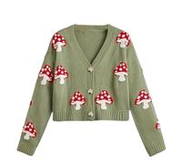 CORIRESHA Women's Cute Mushroom Cardigan Sweater Button Long Sleeve V Neck Knit Crop Outwear, Green, XS