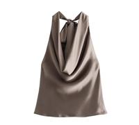 CORIRESHA Women's Elegant Satin Tie Back Cowl Neck Sleeveless Silk Backless Tank Top, Khaki, M