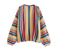 CORIRESHA Women's Rainbow Cardigan Open Front Long Sleeve Boho Crochet Colorful Striped Sweater, Colorful, L