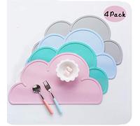 Coriver 4 PCS Placemats, Food Grade Silicone Cloud Shaped Non-Slip Foldable Portable Table Food Tray Heat Resistant Tableware Placemat Plate (Pink+Blue+Green+Grey)