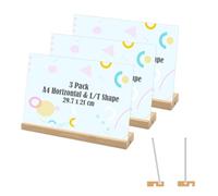 Coriver A4 Acrylic Sign Holder, 3 Pack Horizontal Plastic Display Stand with Wooden Base, L/T-Shaped Double Sided Menu Holder, Table Stand for Office Home Store Restaurant- 29.7 x 21 cm
